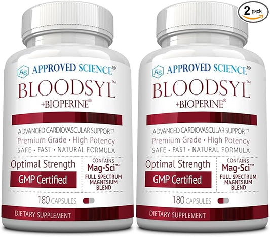 Approved Science Bloodsyl - Supports Blood Flow - Hawthorn Berry, Magnesium, BioPerine - Vegan - 180 Capsules - Pack of 2