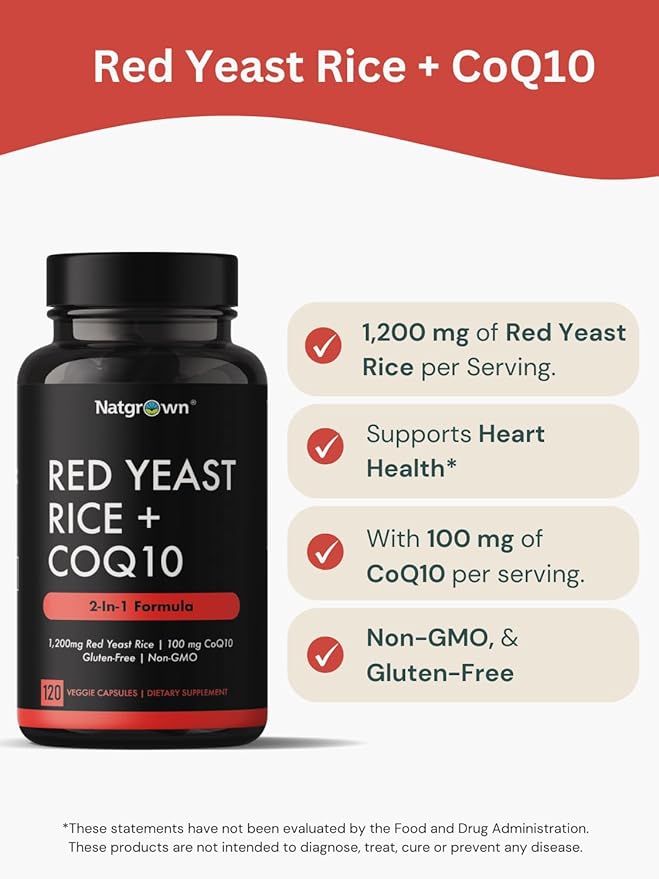 Natgrown Red Yeast Rice 1200 mg with CoQ10 Capsules - Vegan, Non-GMO Supplement | 120 Ct