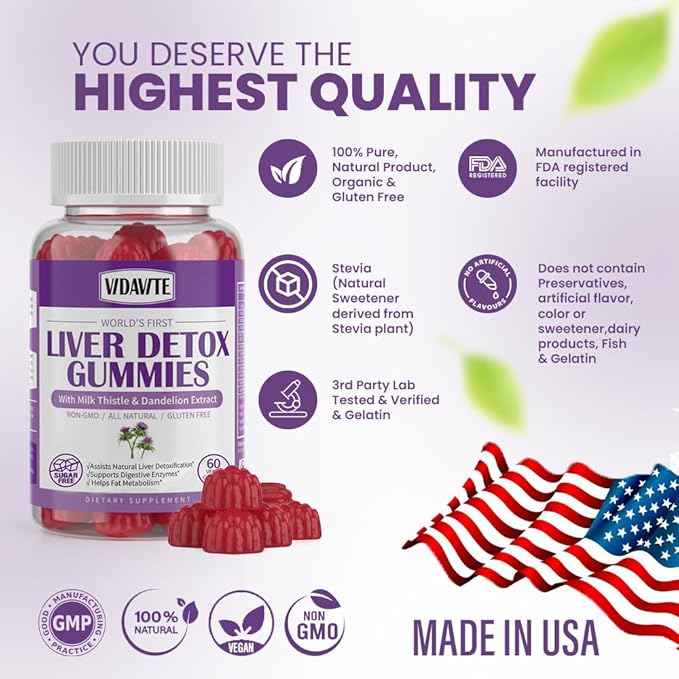 Sugar-free Liver Cleanse Detox & Repair Gummies — 1500mg Milk Thistle Supplement with Artichoke, Dandelion and 20+ Herbs — Essential Liver Support Supplement for Men & Women(60 Vegan Gummies)