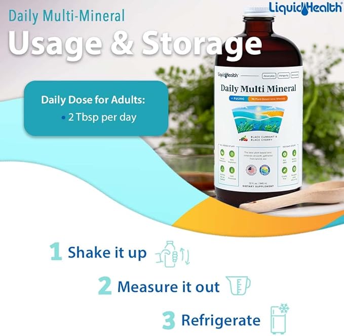 LIQUIDHEALTH Daily Multi Mineral Liquid Supplement with Fulvic Acid, Plant Based Ionic Aquamin Sea Trace Ocean Minerals - Immune Support, Energy, Gut Health, Detox - Made in USA, Vegetarian (3 Pack)