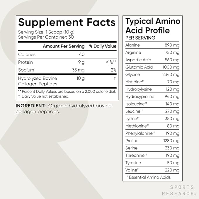 Sports Research Organic Collagen Peptides - Hydrolyzed Type I & III Collagen Protein Powder Made Sustainably from Grass-Fed Cows - Unflavored - 30 Servings