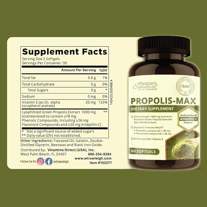 Rawleigh Propolis Max: 60 Vegetarian Softgels - Brazilian Green Propolis with Phenolic, Flavonoid & Artepillin C Compounds & Vitamin E - Supports Immunity, Wellness