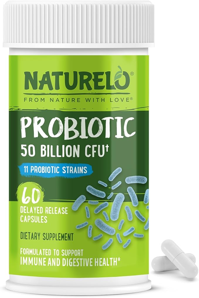 NATURELO Probiotics for Digestive Health - 50 Billion CFU, 11 Strains Daily Supplement - Boosts Immune System, Delayed Release, 60 Vegetarian Capsules