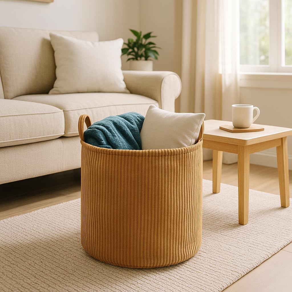 PUTSKA Blanket Basket – Round Storage for Toys and Blankets, Clothes, Stuffed Animals – Soft Baby Girl Basket for Nursery, Kids Room, Bedroom, Living Room – Large, Brown