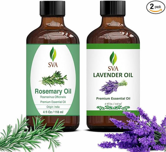 SVA Rosemary Essential Oil 4oz and Lavender Essential Oil 4oz Bundle Super Saver Combo – Premium Grade Value Set for Hair Oiling, Scalp Massage, Hair Care, Skin Care, Body Massage and Aromatherapy