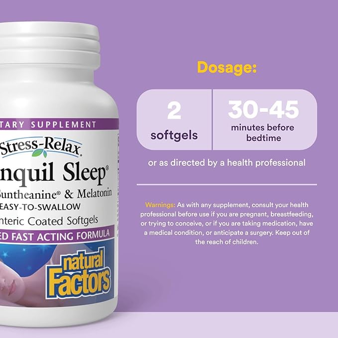 Stress-Relax Tranquil Sleep by Natural Factors, Sleep Aid with Suntheanine L-Theanine, 5-HTP, Melatonin, 90 Softgels