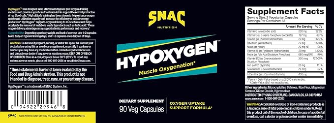 SNAC HypOxygen - Muscle Oxygenation Performance & Endurance Supplement, Improves the Body’s VO2 Max & Assists with Recovery from High-Repetition Exercise, 90 Veggie Capsules (45 Servings)