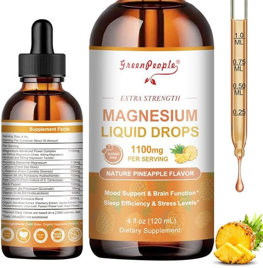 Magnesium Glycinate Liquid Drop - 17-in-1 4Fl. Oz Triple Magnesium Complex Supplement with Glycinate 400mg & Citrate 500mg Taurate/L-Theanine for Calm Mood/Muscle/Sleep,Pineapple Flavor