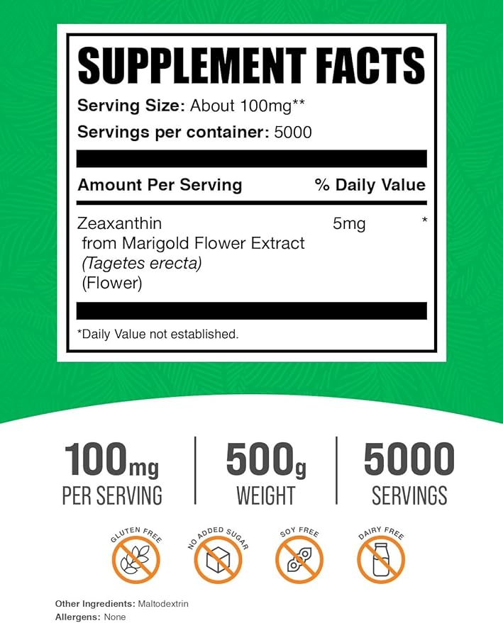 BulkSupplements.com Zeaxanthin Powder - Zeaxanthin Supplements, from Marigold Flower Extract - Gluten Free, 100mg (Zeaxanthin 5mg) per Serving, 500g (1.1 lbs) (Pack of 1)