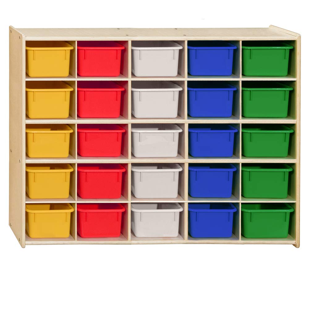 Contender 25 Cubbies Storage Cabinet with Assorted Color Trays, Kids Toys, Art and Craft Shelving Unit, Hardwood Shelf for Kindergarten, Homeschool, Office
