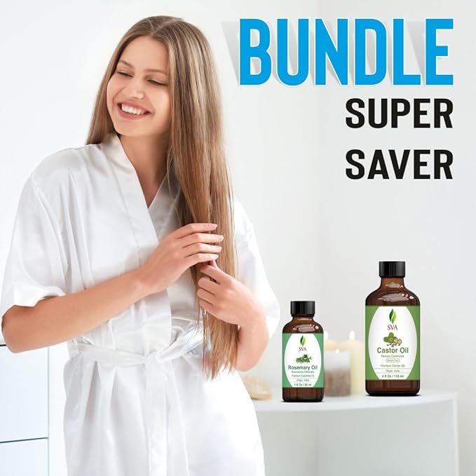 SVA Rosemary Essential Oil 1oz and Castor Oil 4oz Bundle Super Saver Combo – Premium Grade Value Set for Hair Oiling, Scalp Massage, Hair Care, Skin Care and Body Massage