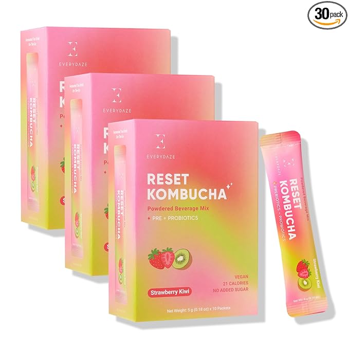 EVERYDAZE Reset Kombucha Tea Powdered Beverage Mix | 30 Pack (3 x 10ct) | Prebiotics + Probiotics | Vegan | No Added Sugar, Low Calorie, Gluten-Free, Sparkling Powder Drink (Strawberry Kiwi)