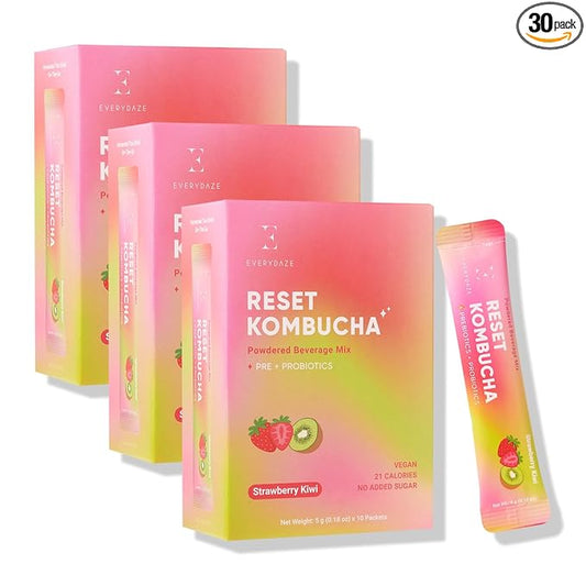 EVERYDAZE Reset Kombucha Tea Powdered Beverage Mix | 30 Pack (3 x 10ct) | Prebiotics + Probiotics | Vegan | No Added Sugar, Low Calorie, Gluten-Free, Sparkling Powder Drink (Strawberry Kiwi)