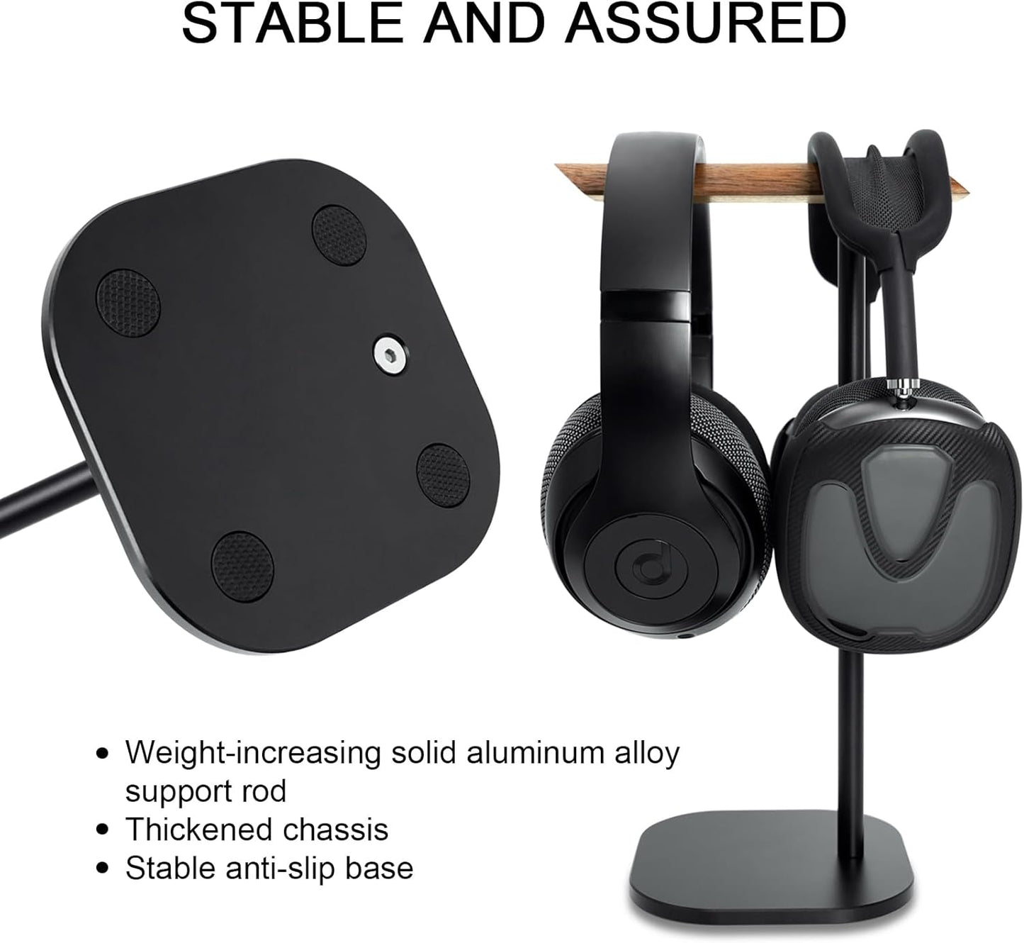 Gvoears Upgraded Headphone Stand, Walnut Wood Headphone Stands Headset Holder for Desk, Support Dual Headsets Suspension, Aluminum Alloy Support Rod Hanger, Dual Headphones Stand with Great Stablity