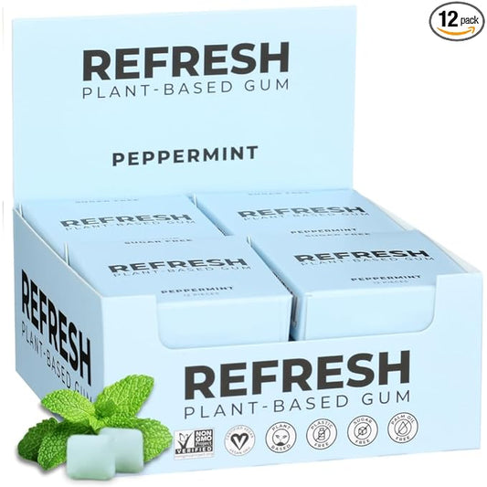 Refresh Gum, Xylitol, Natural, Sugar Free, Aspartame Free, Plastic Free, Natural Flavors & Organic Ingredients, Plant-Based, Low Calorie, Non GMO, Gluten Free, Vegan, Peppermint, 12 Pcs, 12 Pck