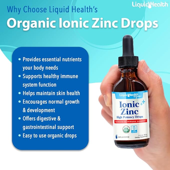 LIQUIDHEALTH USDA Organic Ionic Zinc High Potency Drops - Trace Mineral Liquid Vitamin Supplement for Adults, Kids - Immune & Digestive Support, Skin & Wound Health - USA Made, Vegan, Non-GMO (3 Pack)