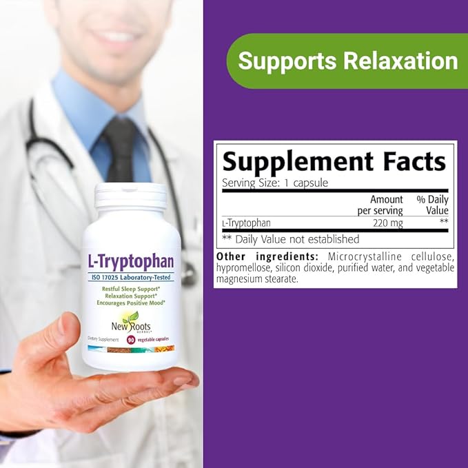 NEW ROOTS HERBAL L-Tryptophan Supplement for Sleep (90 Capsules) 220mg, Herbal Supplement for Healthy Sleep, Mood and Stress Response Support – Gluten-Free, Non-GMO