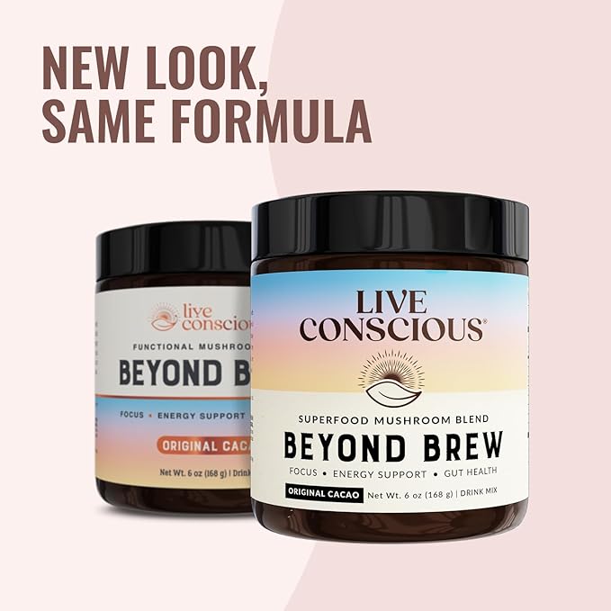 Live Conscious Beyond Brew - Coffee Alternative - Low Caffeine - Mushroom Complex w/Lion’s Mane, Reishi, Cordyceps & Chaga for Sustained Focus, Energy & Immunity - w/Prebiotics & Probiotics - 30