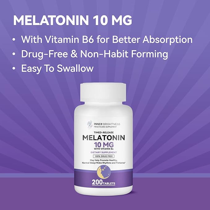 Melatonin 10mg with Vitamin B6 - Sleep Support Supplement for Adults, 200 Tablets Timed-Release Melatonin– Non-Habit Forming, Gluten-Free