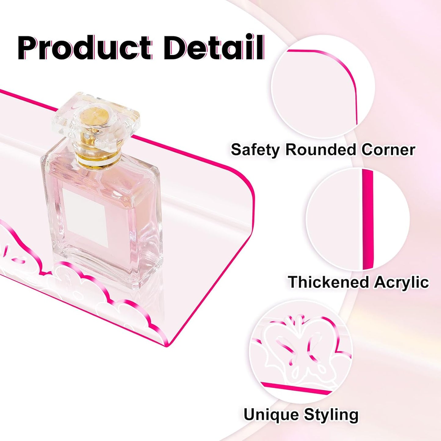 Floating Shelves for Wall,4 Pack 15.7’’x 3.5’’Adhesive Acrylic Shelves Organizer for Book Toy Photo Makeup,Wall-Mounted Kids Storage for Bathroom,Bedroom,Nursery,Pink Butterfly