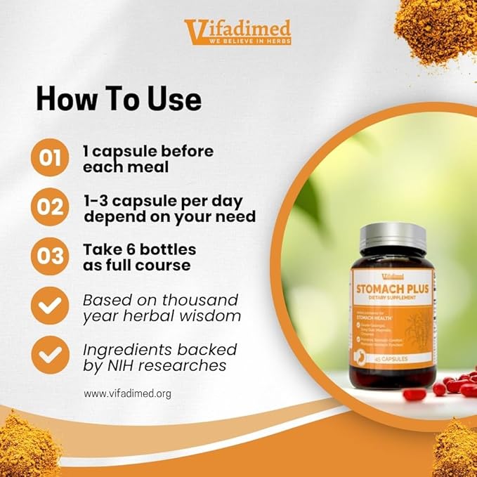 Stomach Plus-for Stomach, Gastritis, Stomach Lining Repair, Acid Reflux, Heartburn, Indigestion, with Galangal, Dong Quai, Cinnamon & Magnolia-45 Capsules