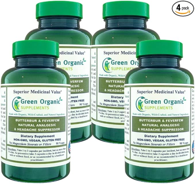 Butterbur, Feverfew, Analgesic, Painkiller, & Headache Suppressor, 90 VCaps, High Absorbable, Non-GMO, Gluten-Free (Pack of 4)