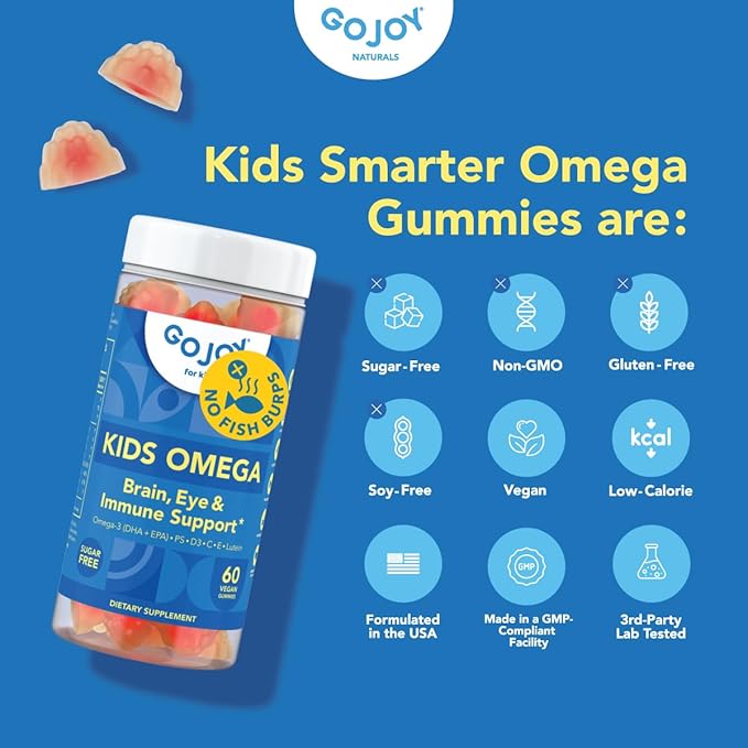 GOJOY Kids Omega 3 DHA Gummies – No Fish Burps, No Sugar – Brain, Eye & Immune Support – Plant-Based Omega-3 from Algae – Vegan, Clean DHA for Toddlers, Children & Kids Ages 3+