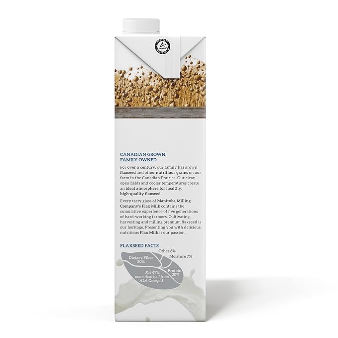 Manitoba Milling Company Original Flax Milk| Unsweetened | 3000mg ALA OMEGA-3 | 2 Tbsp Flaxseed per Serving | 4g Protein & 3g Fiber | Non-GMO, Plant-Based, Non-Dairy| Shelf-Stable, 32 oz (Pack of 6)