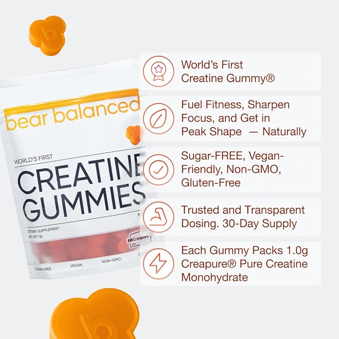 Creatine Gummies for Men & Women - Creatine Monohydrate, L-Theanine, L-Tyrosine & B12 for Muscle Growth, Strength, and Focus, Peach Mango, 2 Pack