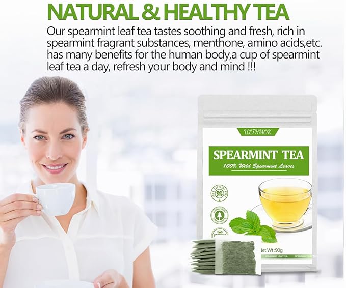 Premium 60 Spearmint Tea Bags, Made with 100% Pure Natural Spearmint Leaves, Caffeine Free & No Additives.