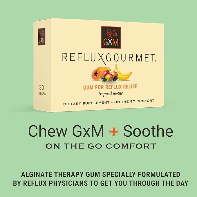 REFLUX GOURMET Tropical Soothe Gum Alginate Therapy Sodium Bicarbonate Gum for Acid Reflux, Oral, Cognitive, and Digestive Support, Natural with Ginger, Celeriac, Aloe, Sugar Free, Gluten Free, Vegan
