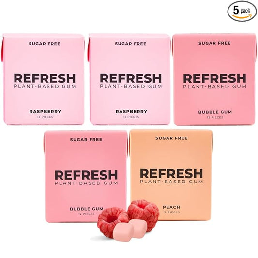 Refresh Gum, Xylitol, Natural, Sugar Free, Plastic Free, Aspartame Free, Natural Flavors & Organic Ingredients, Plant-Based, Low Calorie, Non GMO, Gluten Free, Vegan, Fruit Variety Flavor, 12 Pcs, 5 Pack