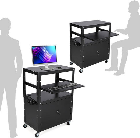 Mobile AV Cart with Locking Storage Cabinet, Adjustable Laptop Stand & Drop Leaves, Rolling Workstation with Power Outlets for Classroom, Office, or Home Use