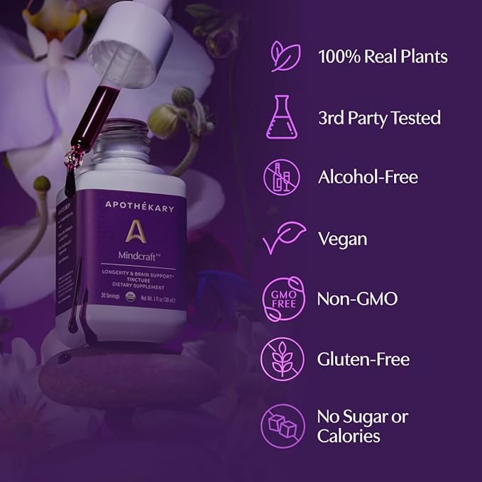 Apothékary Mindcraft Tincture, Cognition & Focus, Longevity and Anti-Aging Herbal Supplement, Brain Health Support, Vegan, 100 Servings