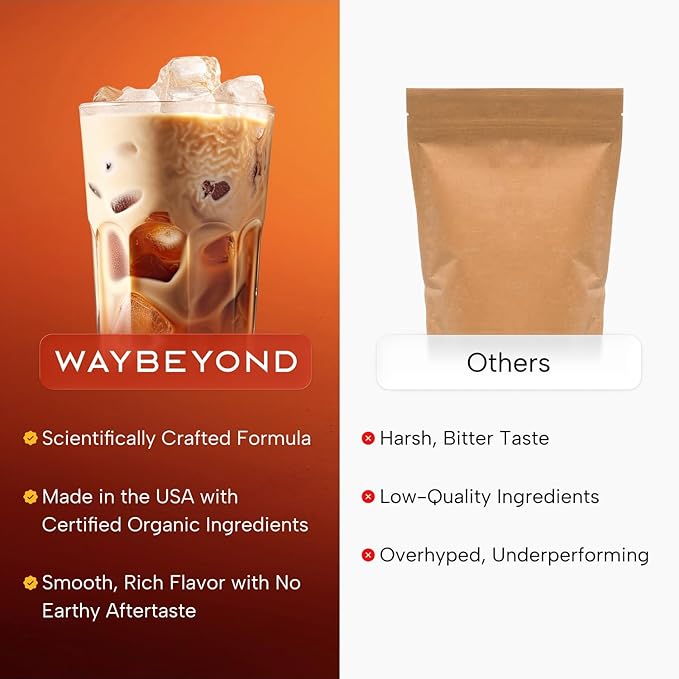 WAY BEYOND Organic Instant Bold Mushroom Coffee with 90mg Caffeine, Adaptogenic Mushrooms for Increased Focus, Energy, Digestive Health, and Stress Relief