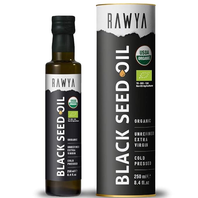 RAWYA Black Seed Oil - Organic Cold Pressed Nigella Sativa - Turkish Origin - USDA Organic - Natural Supplement - Black Cumin Seed Oil - Rich Flavor & High Concentration - 250ml Glass Bottle - 2 Pack