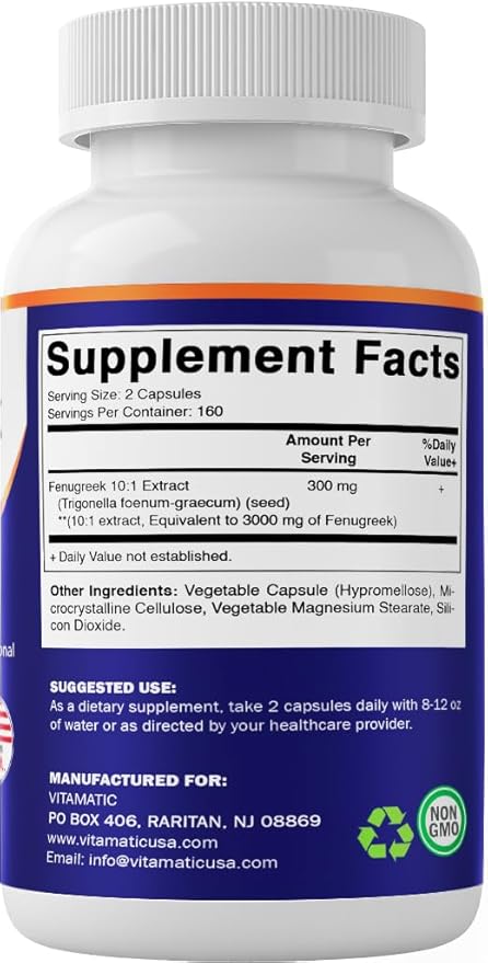 Vitamatic Fenugreek Capsules Extra Strength 3000 mg Equivalent Per Serving (from 10:1 Extract 300 mg) - Trigonella Foenum-Graecum - Methi Seeds Powder Pills - 320 Vegetarian Capsules - 2 Pack
