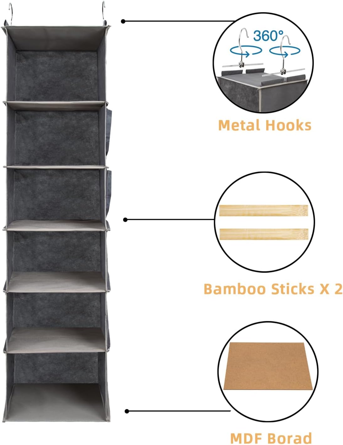 6-Shelf Hanging Closet Organizer and Storage, Collapsible Hanging Shelves for Closet with 2 Side Pockets, Hanging Shoe Organizer to Saving Space,Grey