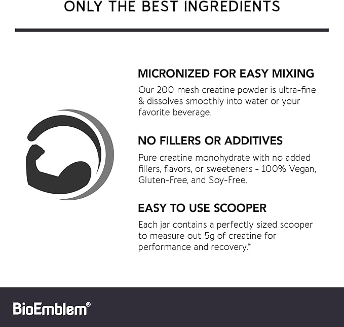 BioEmblem Creatine Monohydrate Powder – Micronized, Unflavored, 5000mg Per Serving(5g) – Supports Muscle Strength, Workout Recovery & Performance Creatine Supplement– Vegan, Non-GMO, 60 Servings
