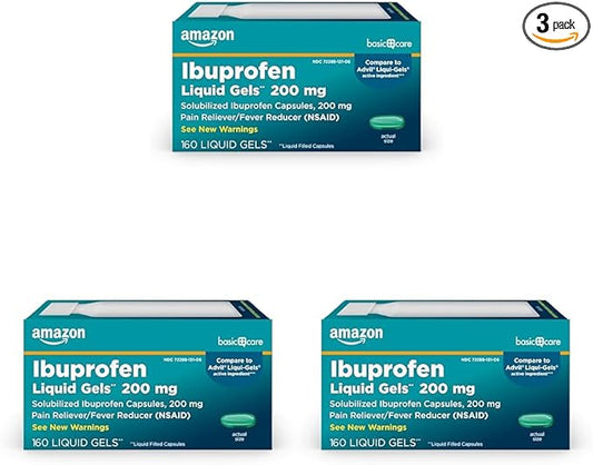 Amazon Basic Care Ibuprofen Liquid Gels 200 mg, Pain Reliever/Fever Reducer Liquid Filled Capsules, for Headache, Toothache, Backache, Menstrual Cramps and More, 160 Count (Pack of 3)