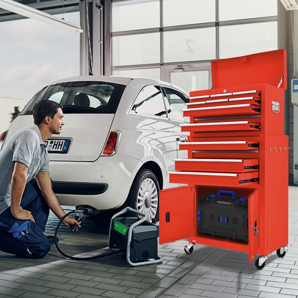 13-Drawer Double Door Rolling Tool Chest, 2 in 1 Detachable Tool Chest,Tool Box with Drawers and Wheels, Large Tool Cabinet with Lock, Metal Standing Toolbox for Garage Workshop-Red