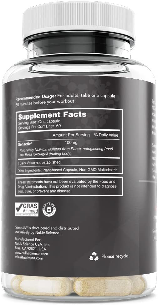 Senactiv Glycogen Fuel and Muscle Recovery Supplement, 60 Capsules, Packaged Locally in California