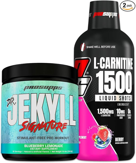 PROSUPPS L-Carnitine 3000 Stimulant Free Liquid Shots (Berry) Dr. Jekyll Signature Intense Focus, Energy & Pumps Pre-Workout Powder (Blueberry Lemonade) Bundle