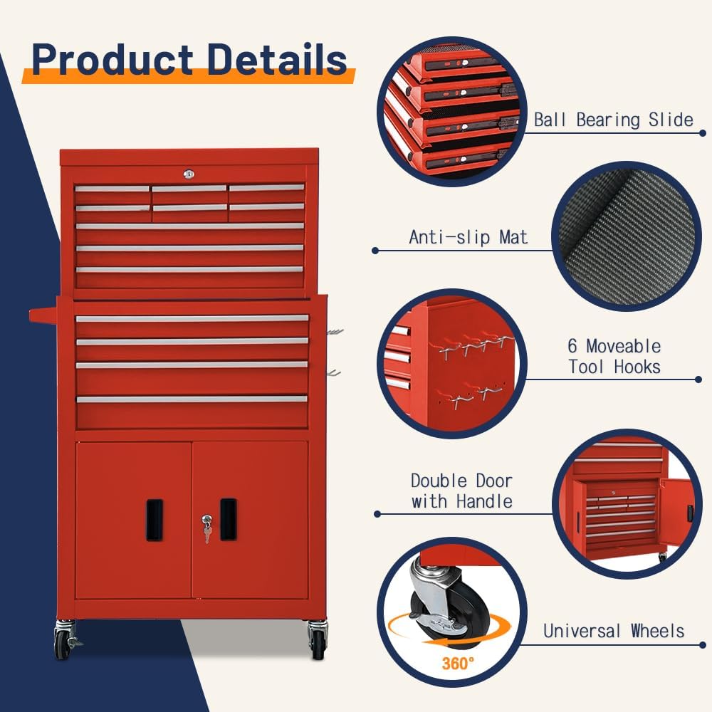 13-Drawer Double Door Rolling Tool Chest, 2 in 1 Detachable Tool Chest,Tool Box with Drawers and Wheels, Large Tool Cabinet with Lock, Metal Standing Toolbox for Garage Workshop-Red