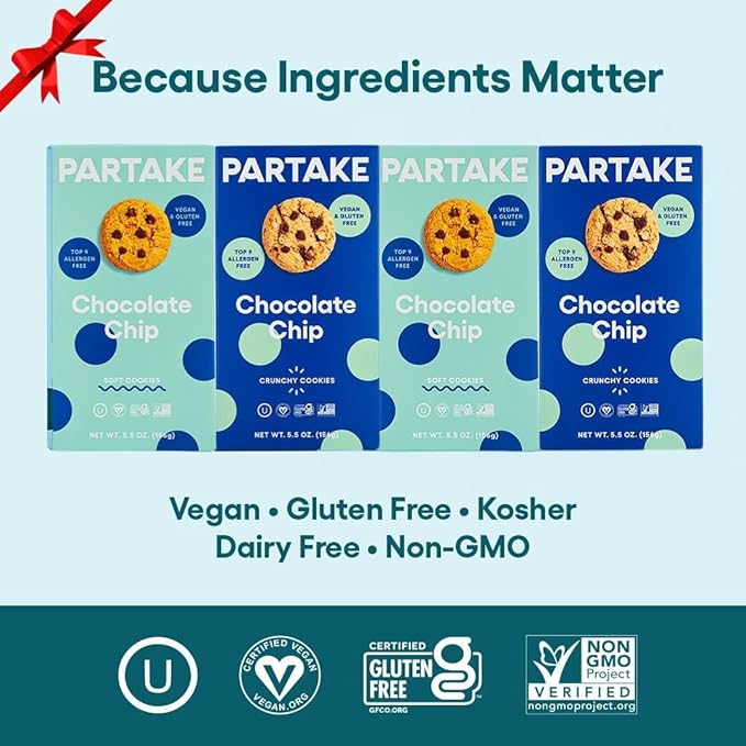 Partake Gluten Free Crunchy & Soft Baked Chocolate Chip Cookies Variety Pack - Vegan - Free From the Top 9 Allergens Including Dairy, Wheat, Soy, Eggs, & Peanuts - Non GMO - Safe School & Office Snack (5 Pack, 5.5oz Boxes)