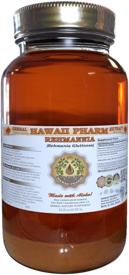 Rehmannia Liquid Extract, Organic Rehmannia (Rehmania Glutinosa) Tincture, Herbal Supplement, Hawaii Pharm, Made in USA, 32 fl.oz