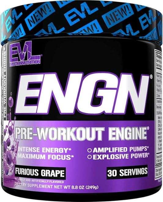 EVL Intense Pre Workout with Creatine - ENGN Energizing Pre Workout for Men Powder Drink for Lasting Energy Focus and Recovery - with Beta Alanine Caffeine and L Theanine - Furious Grape