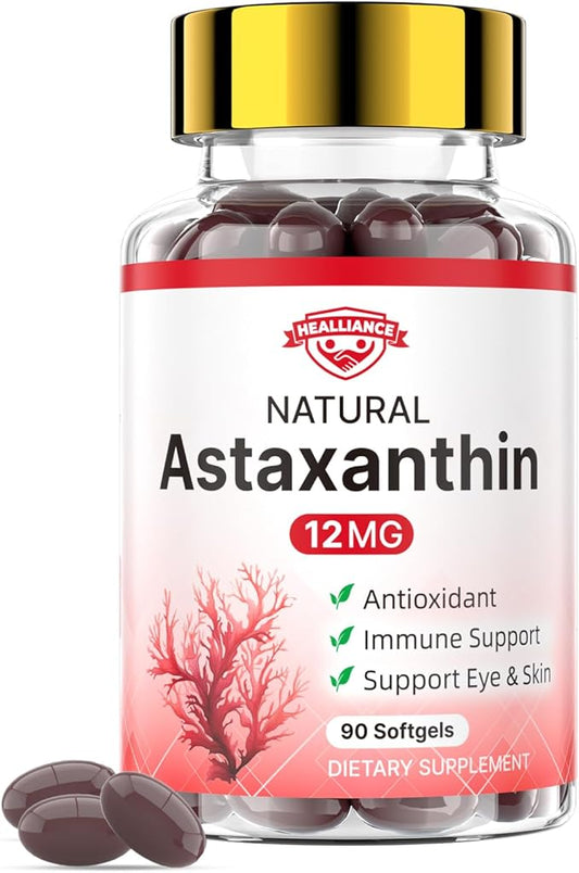 Astaxanthin 12mg Astaxanthin Tanning Softgels with Natural Fresh Microalgae Source Antioxidant Supplement Support Skin Eye Joint Internal Circulation and Immune Health, Non-GMO (90 Count)
