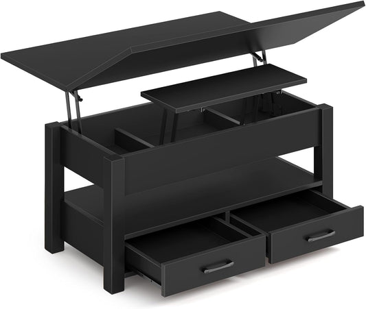 Rolanstar Coffee Table Lift Top, Multi-Function Convertible Coffee Table with Drawers and Hidden Compartment, Converts to Dining Table for Living Room, Home Office,Black