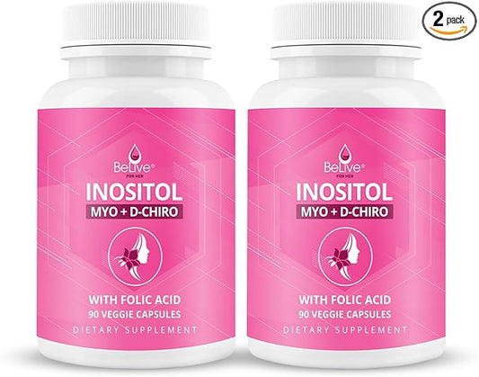 BeLive Myo-Inositol & D-Chiro Inositol Supplement – 2 Pack – 90 Capsules Each – 40:1 Ratio with Folic Acid for Women